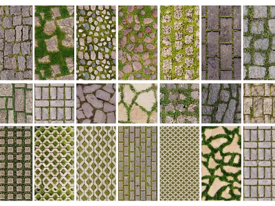 Various Wall Textures And Patterns With Stone Bricks Moss Covered And Grid Designs 3d model