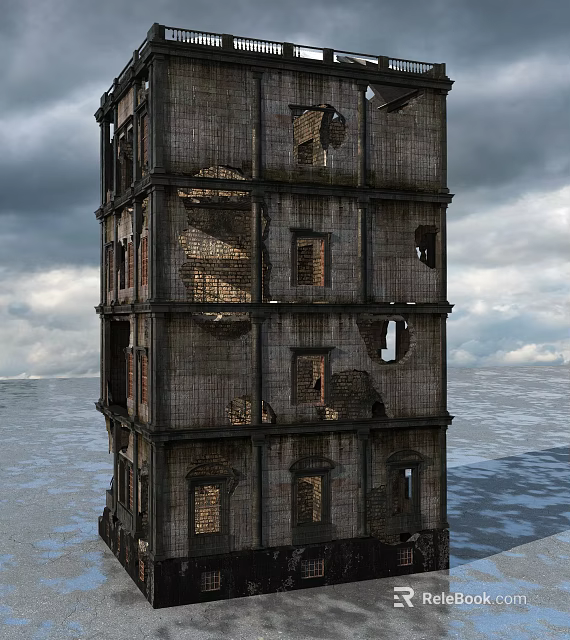 Dilapidated Multi Story Building Structure With Broken Windows And Weathered Bricks 3d model