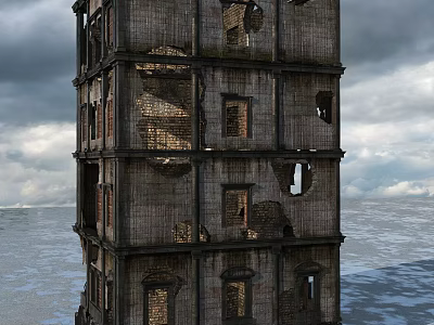 Dilapidated Multi Story Building Structure With Broken Windows And Weathered Bricks 3d model
