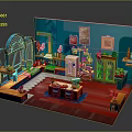 Teal Walled Kitchen Interior With Red Floor Cabinets Refrigerator Dining Table Plants And Decorative Paintings