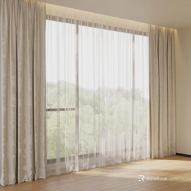 Elegant Beige Curtains With Sheer Panels For Modern Living Room Window Natural Light View 3d model 