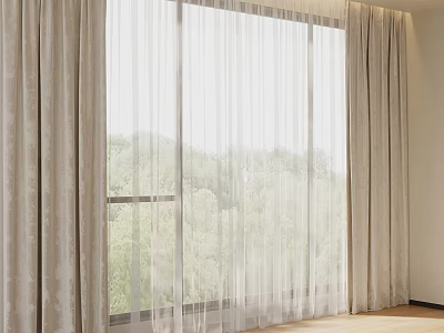 Elegant Beige Curtains With Sheer Panels For Modern Living Room Window Natural Light View 3d model