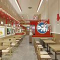 Red And White Themed Restaurant Interior With Tables Chairs Counter Hanging Lights And Menu Boards