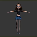 3D Character Girl In Black Top Blue Shorts Black Fishnet Stockings Arms Outstretched Gray Background
