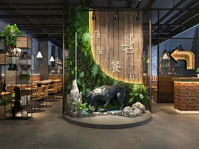 Modern Hot Pot Restaurant Interior With Green Wall Wooden Decor And Bull Sculpture 3d model