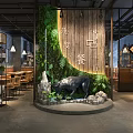 Modern Hot Pot Restaurant Interior With Green Wall Wooden Decor And Bull Sculpture