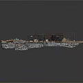 Modern Military Tactical Scene With Rocky Terrain Wooden Planks Trucks And Sand Mounds