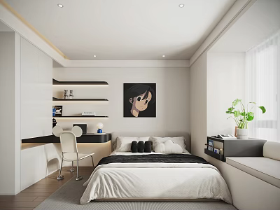 Modern Kids Room Interior With Bed Desk Chair Shelves Wall Poster And Window Plant 3d model
