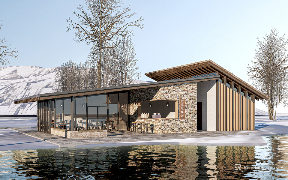 Scenic Visitor Center With Glass Stone Walls Wooden Structure Amidst Snowy Mountains Trees And Waterfront 3d model 