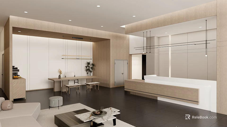 Modern Hotel Lobby Interior Design With Wooden Elements Reception Desk Sofa And Recessed Lighting 3d model 
