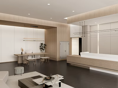 Modern Hotel Lobby Interior Design With Wooden Elements Reception Desk Sofa And Recessed Lighting 3d model