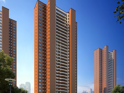Modern High Rise Residential Building With Orange Brown Exterior Large Windows And Blue Sky Background 3d model