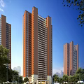 Modern High Rise Residential Building With Orange Brown Exterior Large Windows And Blue Sky Background
