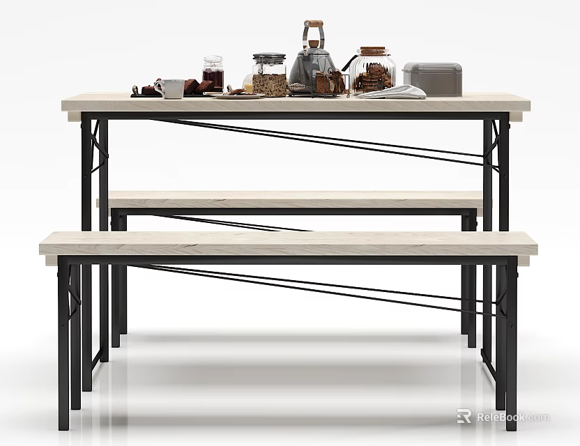 Modern Dining Table Set With Light Wood Top Black Metal Legs And Benches 3d model 