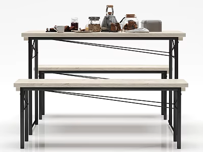 Modern Dining Table Set With Light Wood Top Black Metal Legs And Benches 3d model
