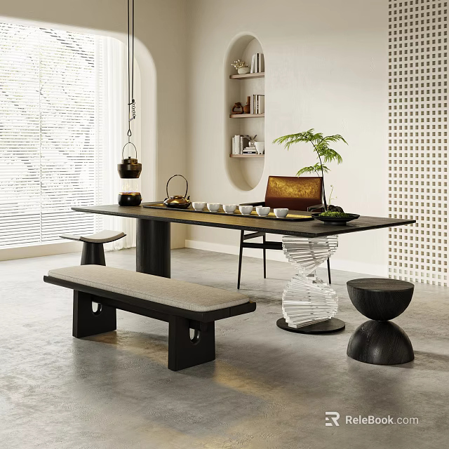 Modern Tea Table Set with Bench Stools and Green Plant in Bright Room 3d model 