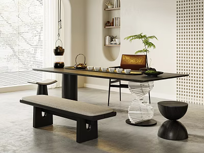 Modern Tea Table Set with Bench Stools and Green Plant in Bright Room 3d model