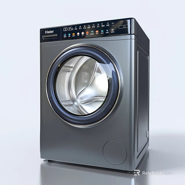 Haier Front Loading Washing Machine in Gray with Modern Design Transparent Door and Control Panel 3d model 