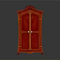 Red Double Door Cabinet With Ornate Carved Top And Decorative Details On Wheels