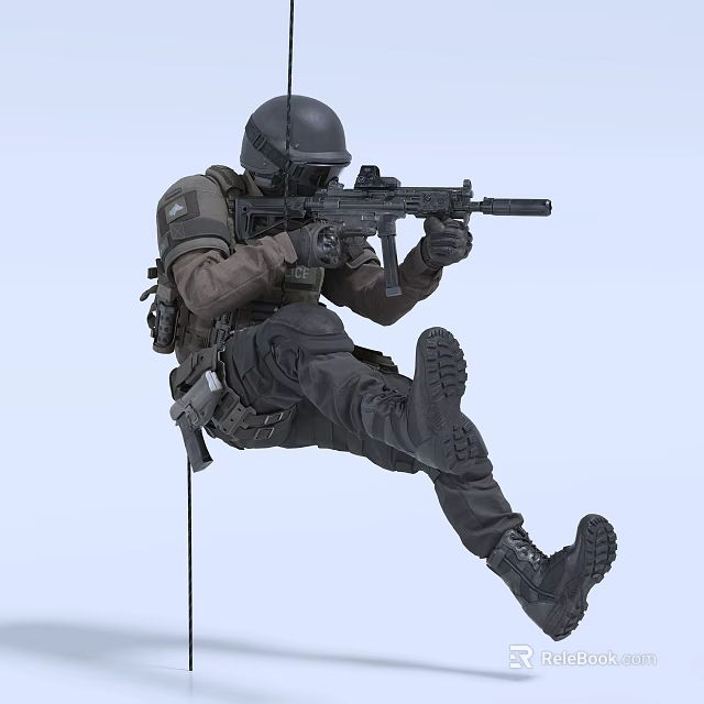 Tactical Man In Full Gear Rappelling With Rifle Helmet And Mask In Mid-Air 3d model 