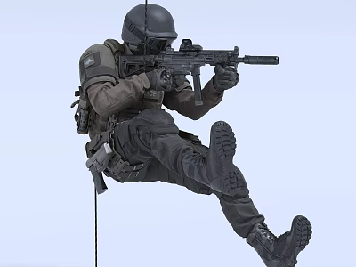 Tactical Man In Full Gear Rappelling With Rifle Helmet And Mask In Mid-Air 3d model