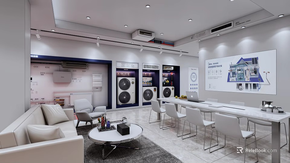 Modern Home Appliances Showroom Interior Design With Sofa Table Chairs And Display Area 3d model 