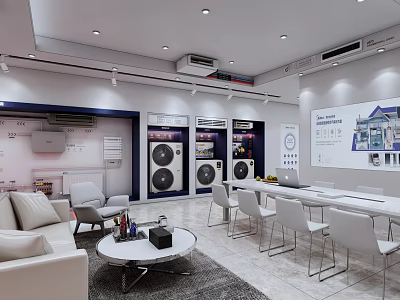 Modern Home Appliances Showroom Interior Design With Sofa Table Chairs And Display Area 3d model