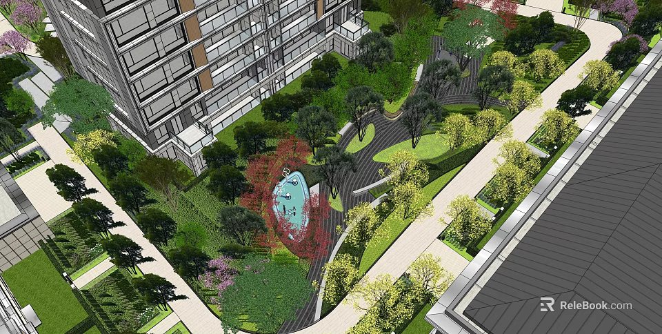 Landscaped Garden With Greenery Pathway And Water Feature By High Rise Building 3d model 