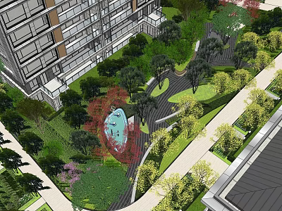 Landscaped Garden With Greenery Pathway And Water Feature By High Rise Building 3d model
