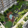 Landscaped Garden With Greenery Pathway And Water Feature By High Rise Building