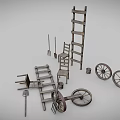 Rustic Wooden Farm Tools Collection Featuring Ladder Chairs Wheels Fork Shovel Planks And Bucket