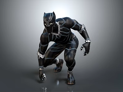 Black Panther Superhero In Crouching Pose With Sleek Black Suit And Silver Stripes 3d model
