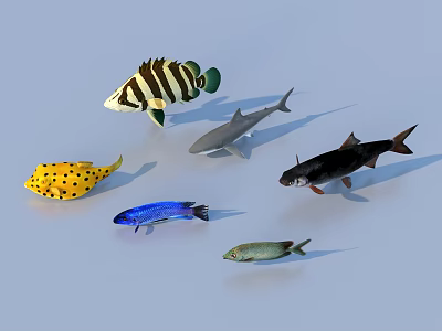 Various Aquatic Animals Featuring Striped Shark Yellow Spotted Blue And Green Fish 3d model