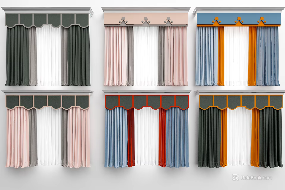 Stylish Colorful Curtains with Various Colors and Layered Designs for Home Window Decor 3d model 