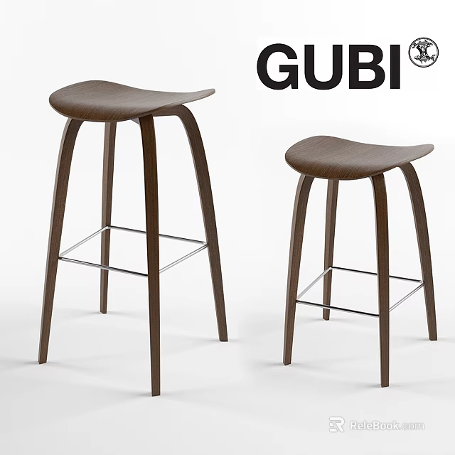 GUBI Modern Bar Stools with Curved Wooden Seat and Metal Crossbar Design 3d model 