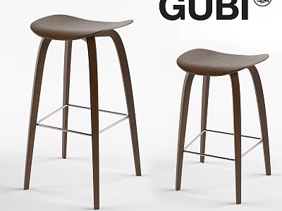 GUBI Modern Bar Stools with Curved Wooden Seat and Metal Crossbar Design 3d model
