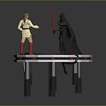 Black Cloaked Character With Red Lightsaber And Yellow Outfitted Figure Standing On Circular Platform