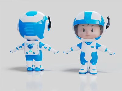 Blue And White Robot And Humanoid Creature Holding Hands With Astronaut Suit Design Toy Models 3d model