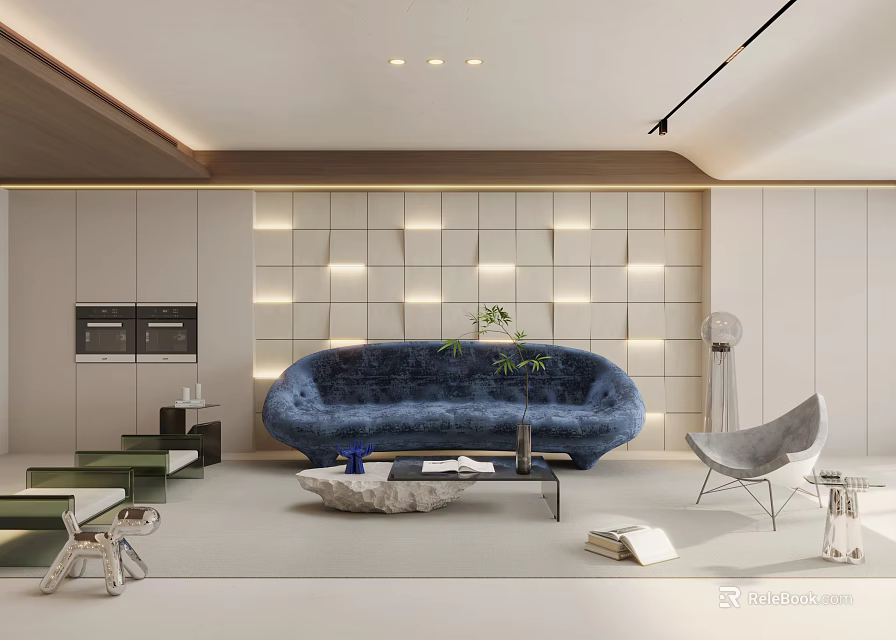 Modern Living Room With Blue Curved Sofa Lit Grid Wall And Marble Coffee Table 3d model 