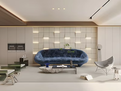 Modern Living Room With Blue Curved Sofa Lit Grid Wall And Marble Coffee Table 3d model