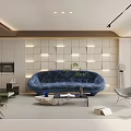 Modern Living Room With Blue Curved Sofa Lit Grid Wall And Marble Coffee Table