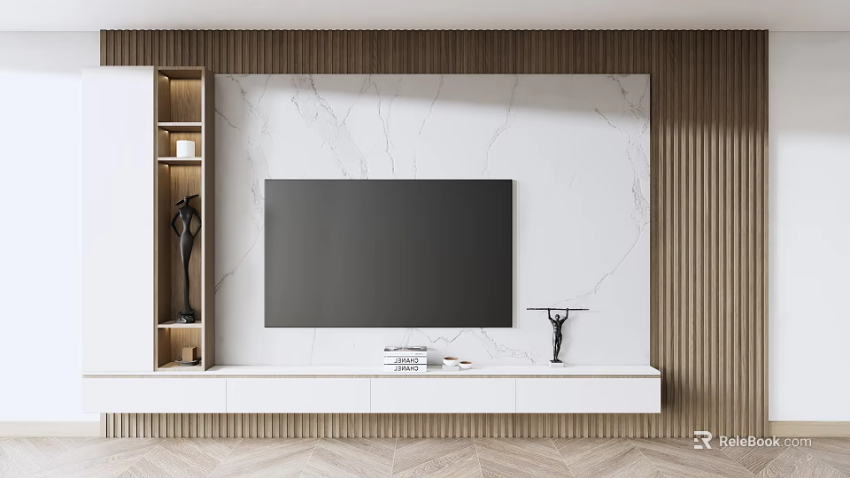 Modern TV Wall Background With Marble Panel Wooden Stripes Open Shelf And White TV Stand 3d model 