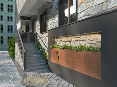 Exterior Stone Staircase With Gray Steps Green Plants Stone Wall And Building 3d model