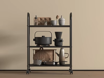 Black 3 Tier Metal Kitchen Storage Shelf With Pots Cups Vases And Rolling Wheels 3d model