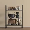 Black 3 Tier Metal Kitchen Storage Shelf With Pots Cups Vases And Rolling Wheels