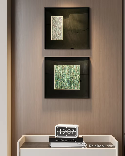 Modern Black Framed Abstract Paintings Hanging On Light Wooden Wall Decor 3d model 