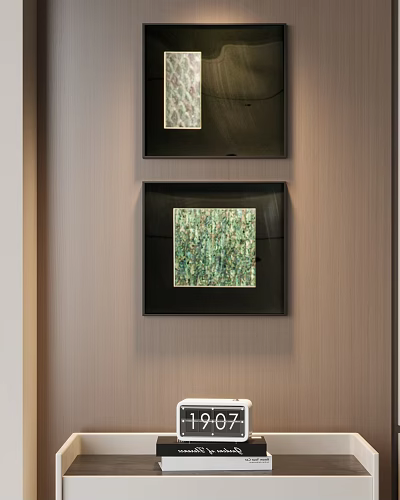 Modern Black Framed Abstract Paintings Hanging On Light Wooden Wall Decor 3d model