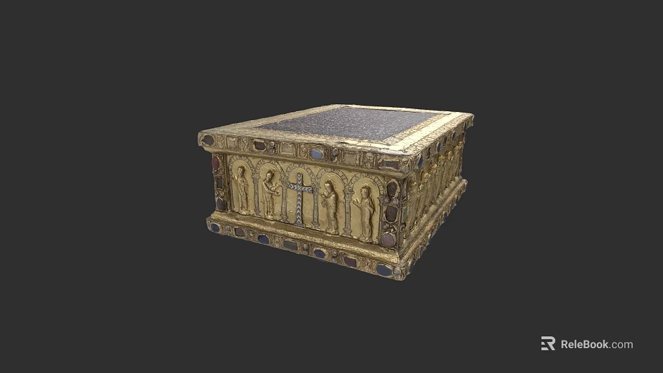 Intricately Carved Decorative Box Featuring Human Figures Cross And Gemstone Inlays 3d model 