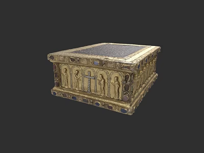 Intricately Carved Decorative Box Featuring Human Figures Cross And Gemstone Inlays 3d model