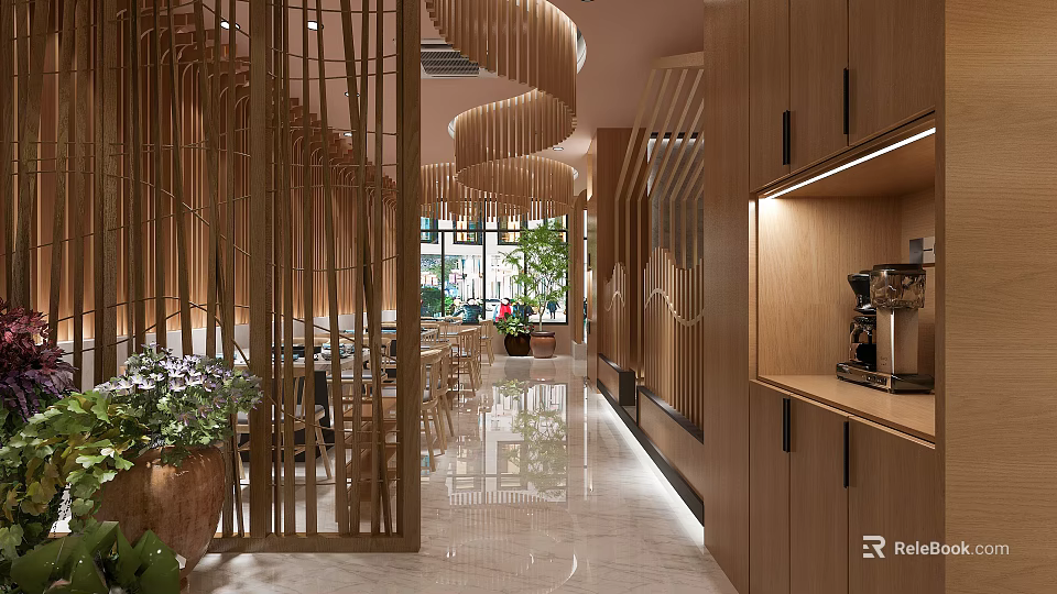 Modern Chinese Hotpot Restaurant Interior With Wooden Decor Green Plants And Warm Lighting 3d model 